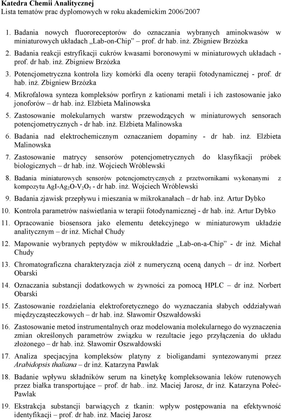 Badania reakcji estryfikacji cukrów kwasami boronowymi w miniaturowych układach - prof. dr hab. inż. Zbigniew Brzózka 3.