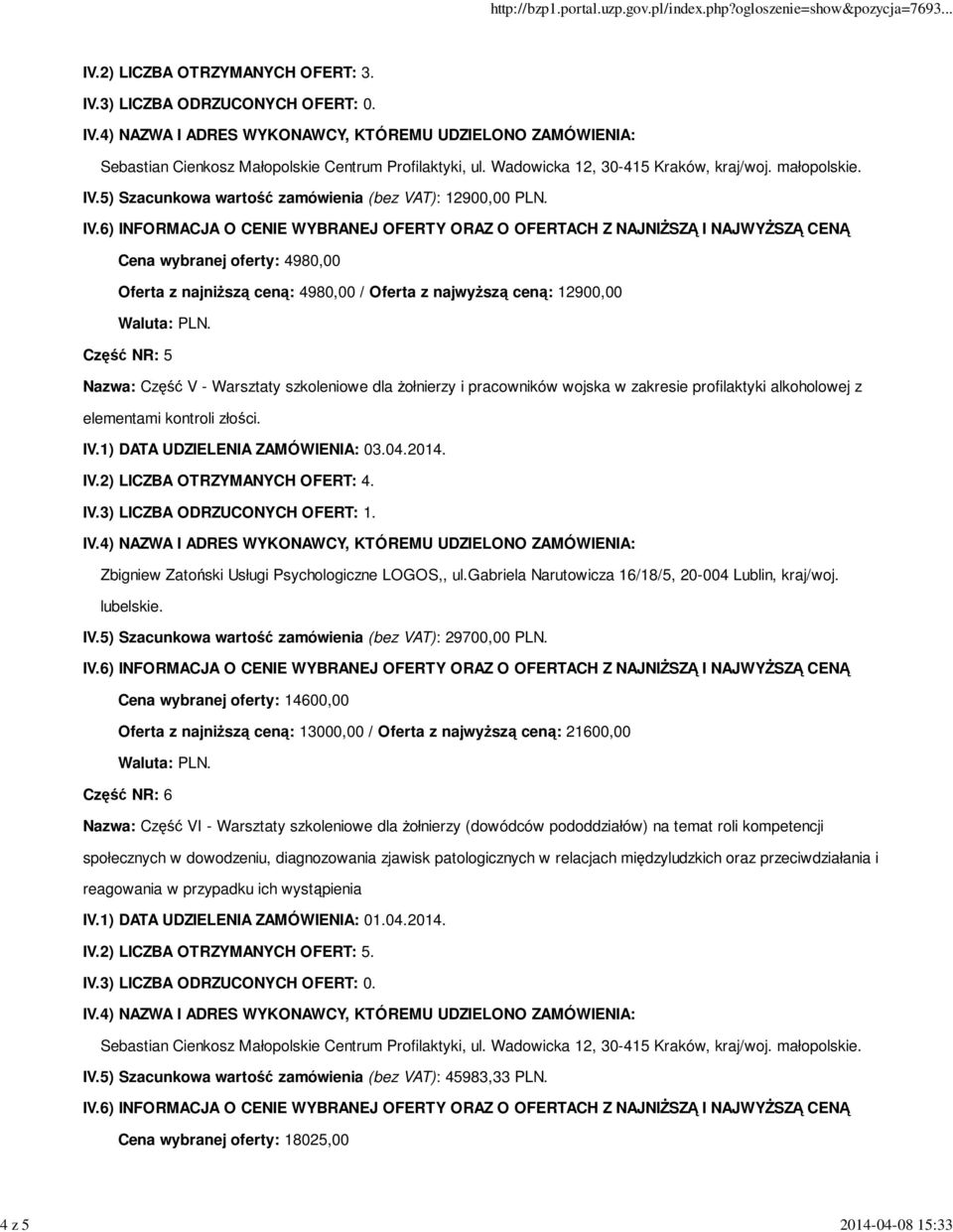 profilaktyki alkoholowej z elementami kontroli złości. IV.2) LICZBA OTRZYMANYCH OFERT: 4. IV.3) LICZBA ODRZUCONYCH OFERT: 1. Zbigniew Zatoński Usługi Psychologiczne LOGOS,, ul.