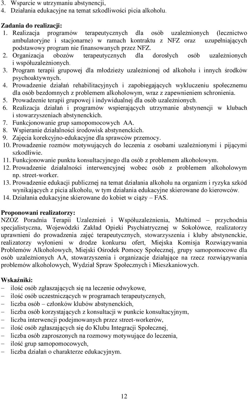 Organizacja obozów terapeutycznych dla dorosłych osób uzależnionych i współuzależnionych. 3. Program terapii grupowej dla młodzieży uzależnionej od alkoholu i innych środków psychoaktywnych. 4.