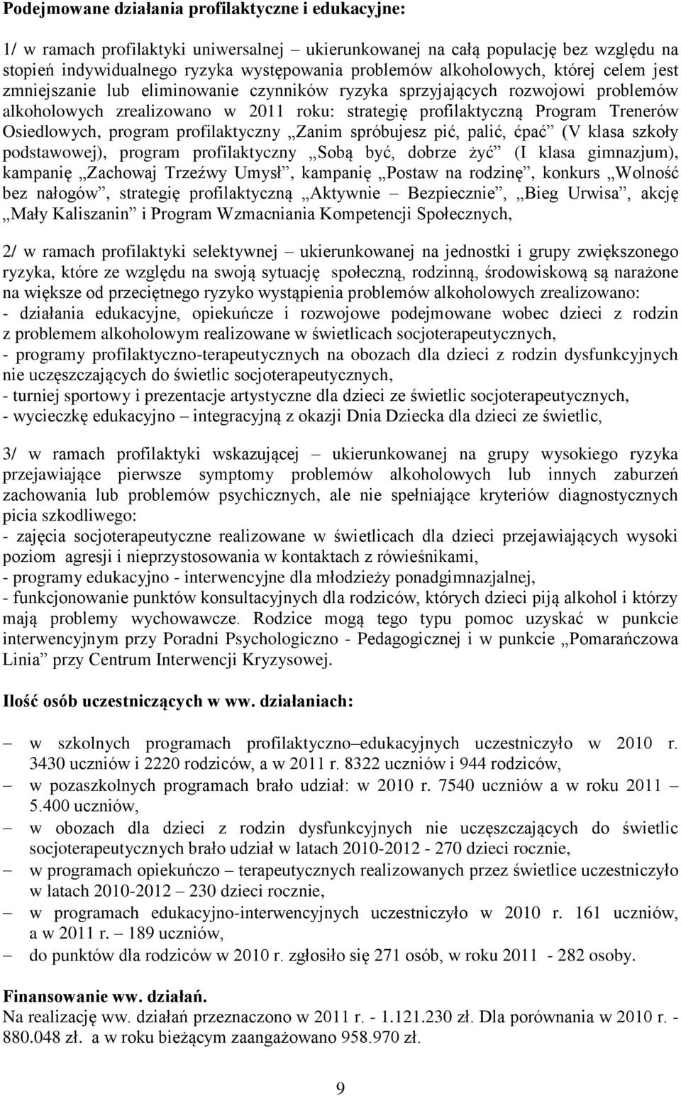 Osiedlowych, program profilaktyczny Zanim spróbujesz pić, palić, ćpać (V klasa szkoły podstawowej), program profilaktyczny Sobą być, dobrze żyć (I klasa gimnazjum), kampanię Zachowaj Trzeźwy Umysł,
