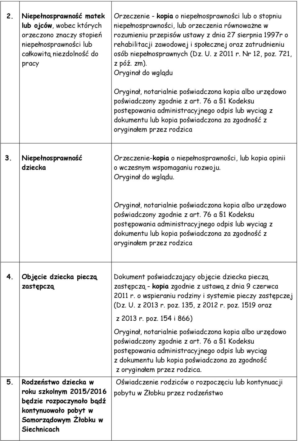 Nr 12, poz. 721, z póź. zm). Oryginał do wglądu oryginałem przez rodzica 3. Niepełnosprawność dziecka Orzeczenie-kopia o niepełnosprawności, lub kopia opinii o wczesnym wspomaganiu rozwoju.