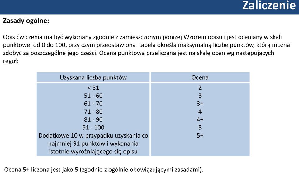 Ocena punktowa przeliczana jest na skalę ocen wg następujących reguł: Uzyskana liczba punktów < 51 51-60 61-70 71-80 81-90 91-100 Dodatkowe 10 w