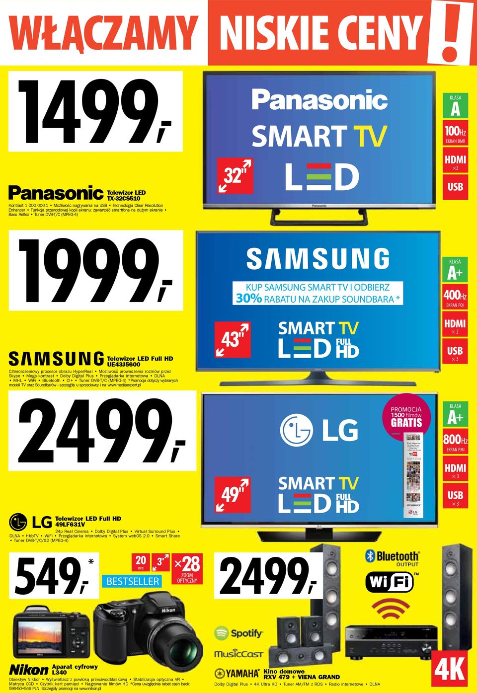 SMART TV I ODBIERZ 30% RABATU NA ZAKUP SOUNDBARA * A + 400Hz EKRAN PQI Telewizor LED Full HD UE43J5600 Czterordzeniowy procesor obrazu HyperReal Możliwość prowadzenia rozmów przez Skype Mega kontrast