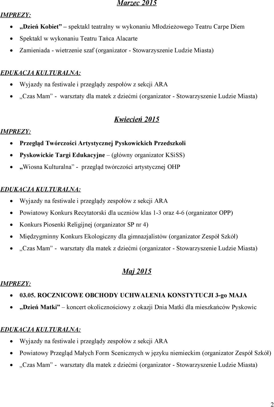 Powiatowy Konkurs Recytatorski dla uczniów klas 1-3 oraz 4-6 (organizator OPP) Konkurs Piosenki Religijnej (organizator SP nr 4) Międzygminny Konkurs Ekologiczny dla gimnazjalistów (organizator