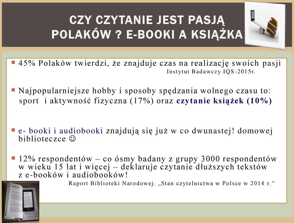 Najpopularniejsze hobby i sposoby spędzania wolnego czasu to: sport i aktywność fizyczna (17%) oraz czytanie książek (10%) e- booki i