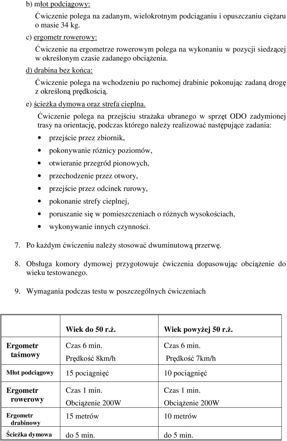 d) drabina bez końca: Ćwiczenie polega na wchodzeniu po ruchomej drabinie pokonując zadaną drogę z określoną prędkością. e) ścieżka dymowa oraz strefa cieplna.