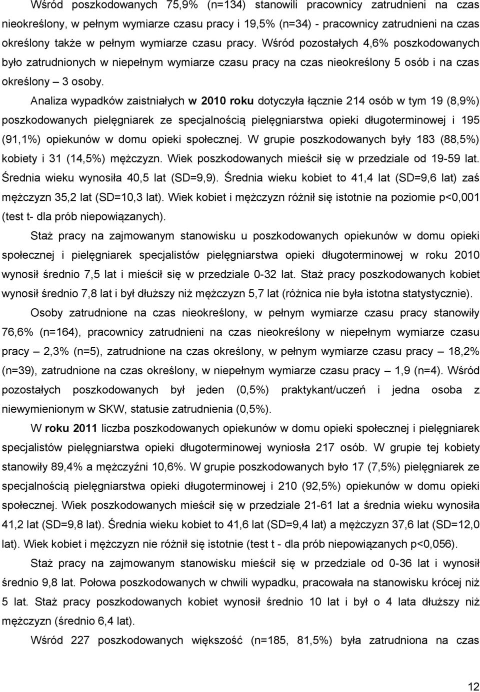 Analiza wypadków zaistniałych w 2010 roku dotyczyła łącznie 214 osób w tym 19 (8,9%) poszkodowanych pielęgniarek ze specjalnością pielęgniarstwa opieki długoterminowej i 195 (91,1%) opiekunów w domu