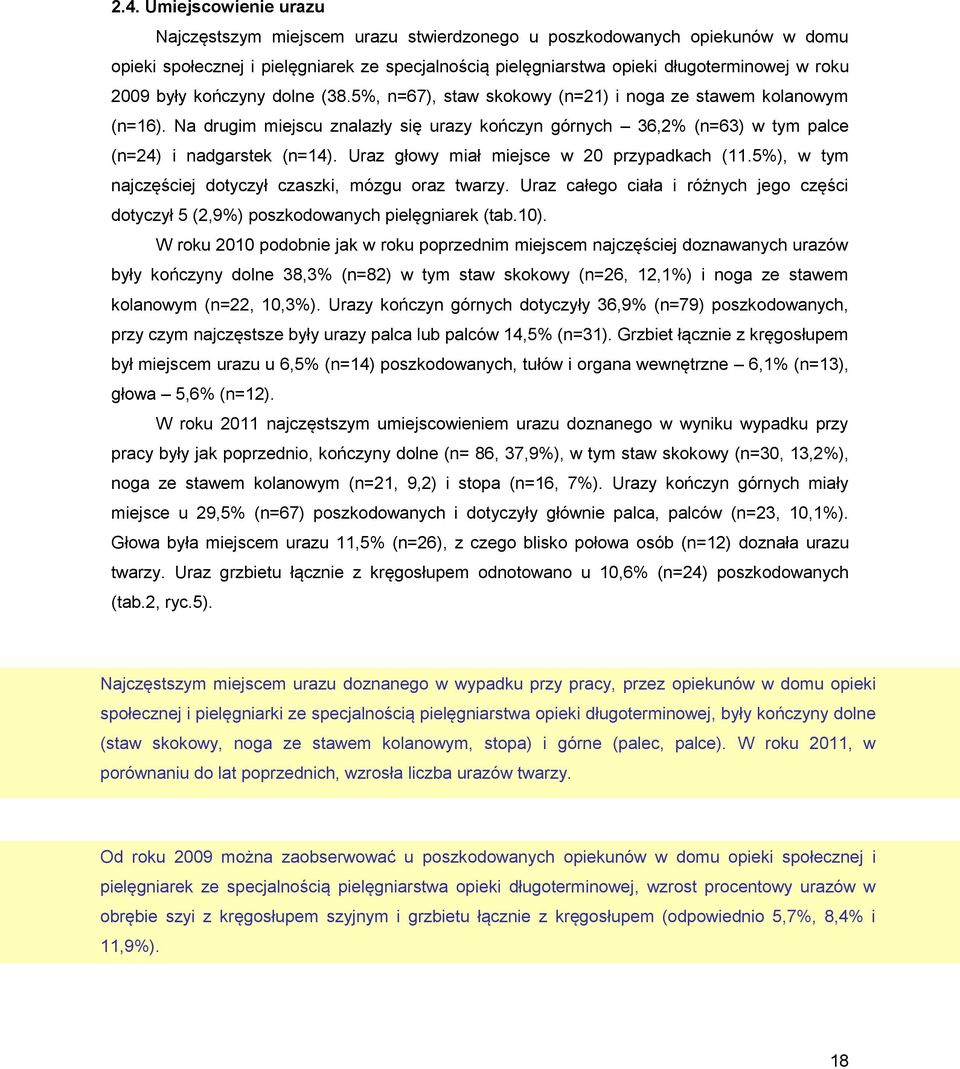 Uraz głowy miał miejsce w 20 przypadkach (11.5%), w tym najczęściej dotyczył czaszki, mózgu oraz twarzy. Uraz całego ciała i różnych jego części dotyczył 5 (2,9%) poszkodowanych pielęgniarek (tab.10).
