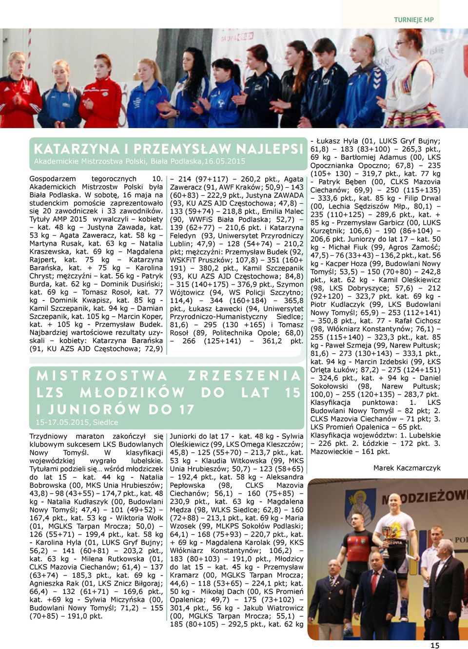 58 kg Martyna Rusak, kat. 63 kg Natalia Kraszewska, kat. 69 kg Magdalena Rajpert, kat. 75 kg Katarzyna Barańska, kat. + 75 kg Karolina Chryst; mężczyźni kat. 56 kg - Patryk Burda, kat.