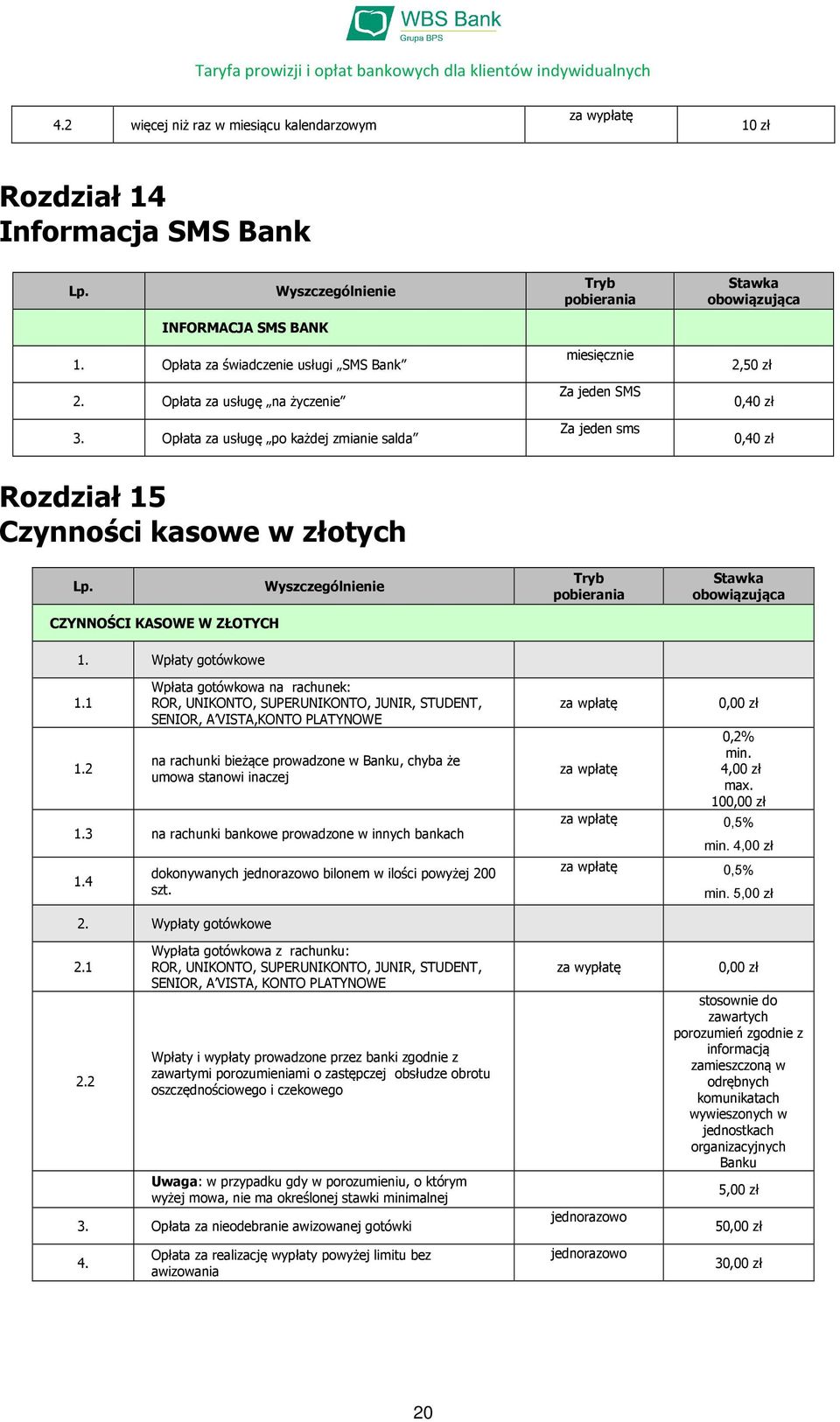 2 Wpłata gotówkowa na rachunek: ROR, UNIKONTO, SUPERUNIKONTO, JUNIR, STUDENT, SENIOR, A VISTA,KONTO PLATYNOWE na rachunki bieżące prowadzone w Banku, chyba że umowa stanowi inaczej 1.