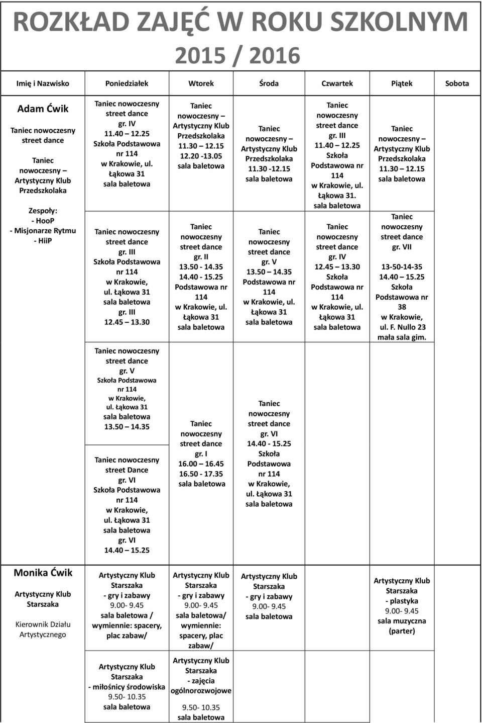 II 13-50-14-35 14.40 15.25 38 ul. F. Nullo 23 mała sala gim. Podstawowa 13.50 14.35 street Dance I Podstawowa I 14.40 15.25 16.50-17.35 I 14.40-15.