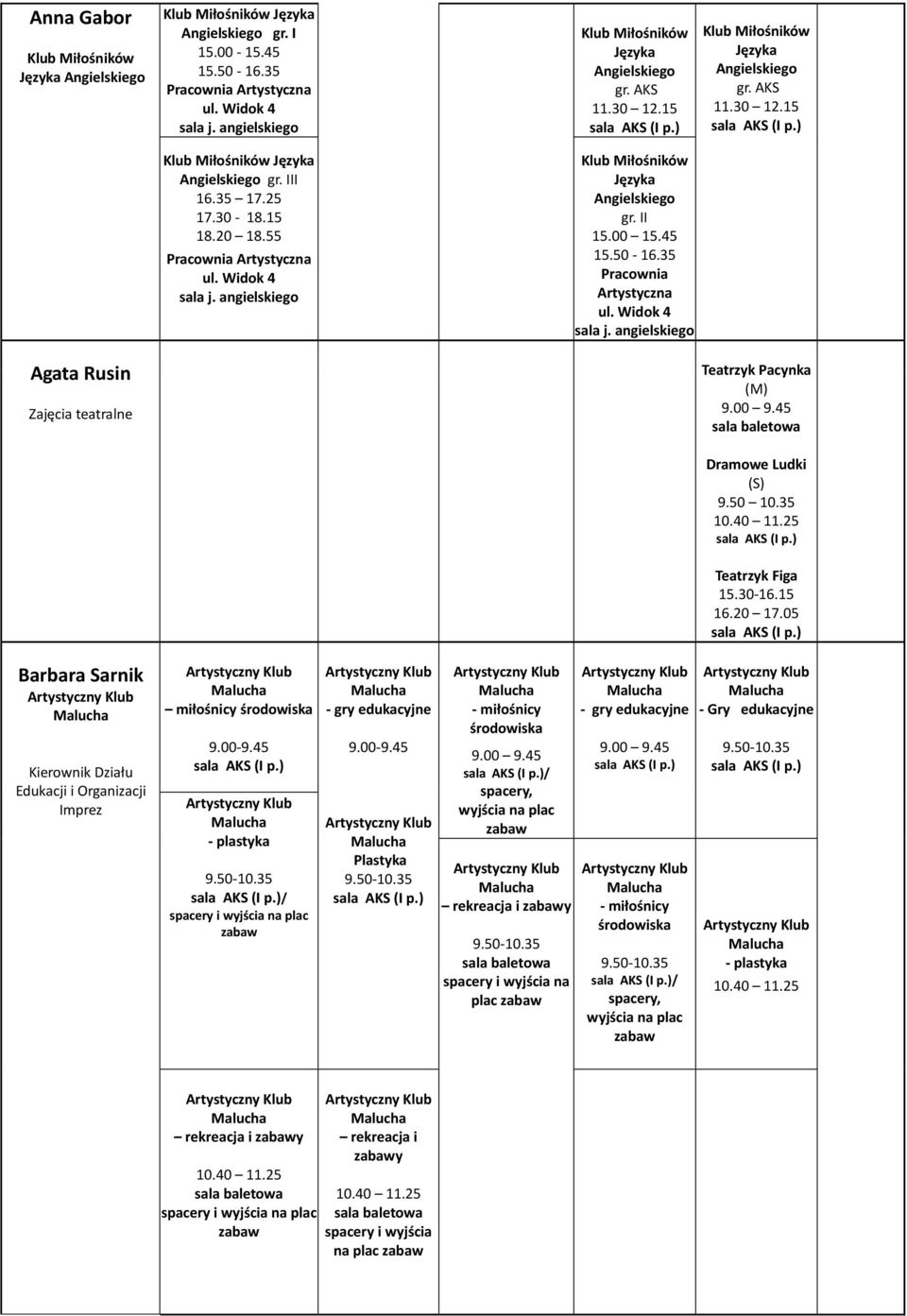 angielskiego Agata Rusin Zajęcia teatralne Teatrzyk Pacynka (M) Dramowe Ludki (S) 9.50 10.35 Teatrzyk Figa 15.30-16.15 16.20 17.