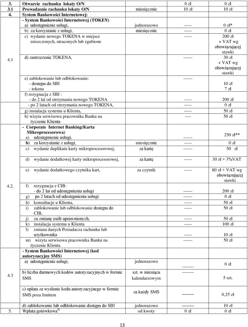 1 c) wydanie nowego TOKENA w miejsce zniszczonych, utraconych lub zgubione ----- 200 zł + VAT wg obowiązującej stawki d) zastrzeżenie TOKENA, ------ 30 zł + VAT wg obowiązującej stawki e)