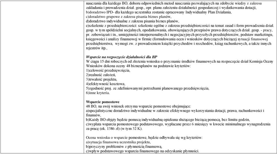 planów, d)doradztwo indywidualne z zakresu pisania biznes planów, e)szkolenie z przedsiębiorczości: szkolenie ogólne z zakresu przedsiębiorczości na temat zasad i form prowadzenia dział. gosp.