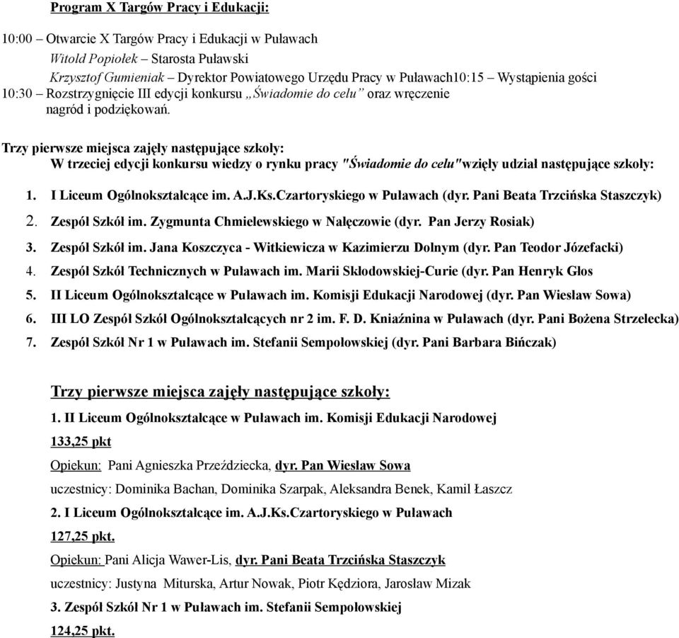 Trzy pierwsze miejsca zajęły następujące szkoły: W trzeciej edycji konkursu wiedzy o rynku pracy "Świadomie do celu"wzięły udział następujące szkoły: 1. I Liceum Ogólnokształcące im. A.J.Ks.