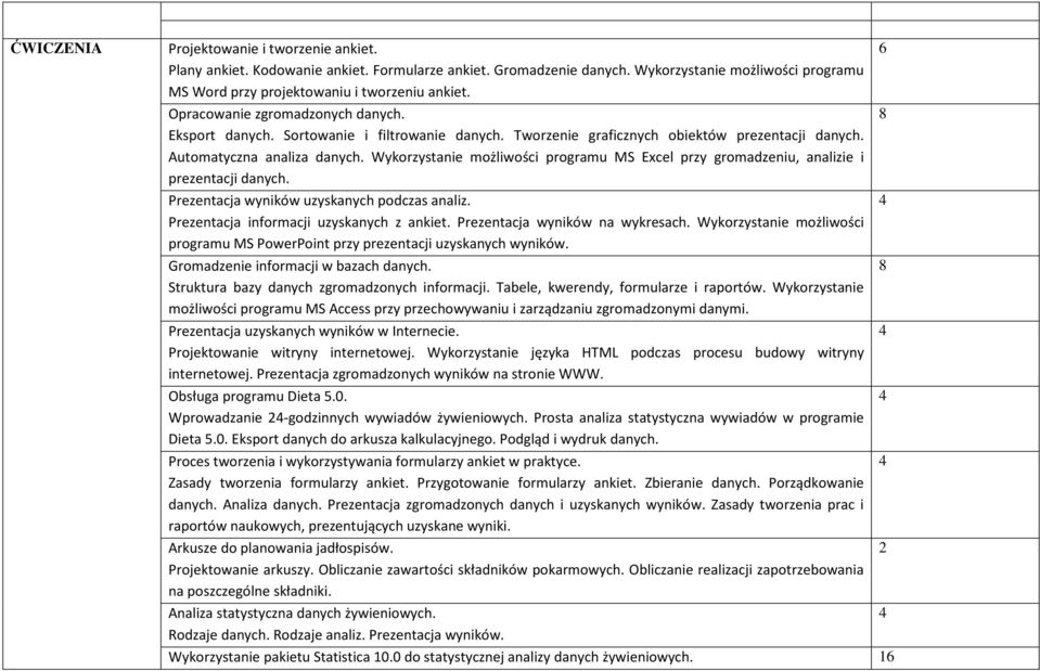 Wykorzystanie możliwości programu MS Excel przy gromadzeniu, analizie i prezentacji danych. Prezentacja wyników uzyskanych podczas analiz. Prezentacja informacji uzyskanych z ankiet.