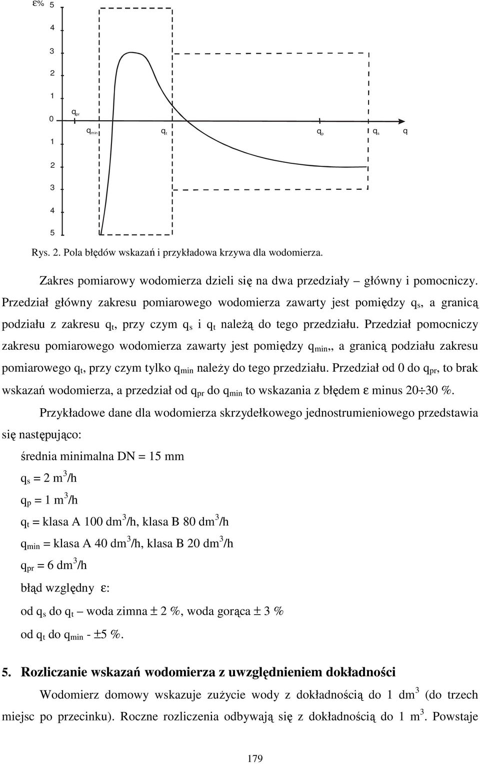 Przedział pomocniczy zakresu pomiarowego wodomierza zawarty jest pomiędzy q min,, a granicą podziału zakresu pomiarowego q t, przy czym tylko q min naleŝy do tego przedziału.
