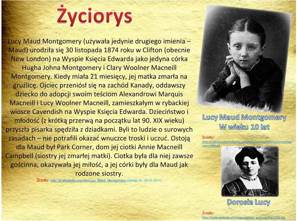 Ojciec przeniósłsięna zachód Kanady, oddawszy dziecko do adopcji swoim teściom Alexandrowi Marquis Macneilli Lucy WoolnerMacneill, zamieszkałym w rybackiej wiosce Cavendishna Wyspie Księcia Edwarda.