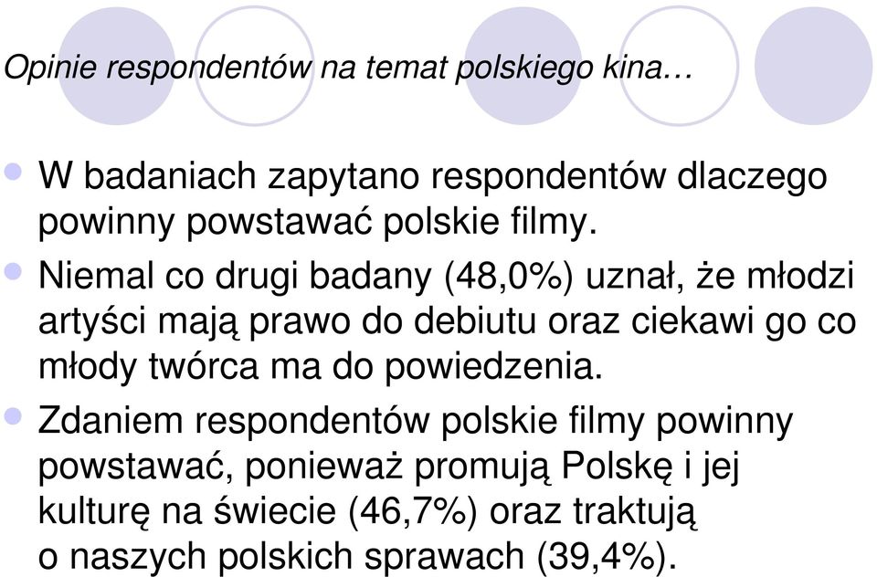 Niemal co drugi badany (48,0%) uznał, że młodzi artyści mają prawo do debiutu oraz ciekawi go co młody