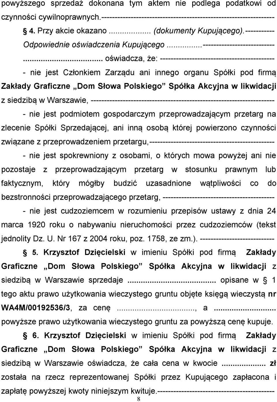 .. oświadcza, że: ------------------------------------------- - nie jest Członkiem Zarządu ani innego organu Spółki pod firmą Zakłady Graficzne Dom Słowa Polskiego Spółka Akcyjna w likwidacji z