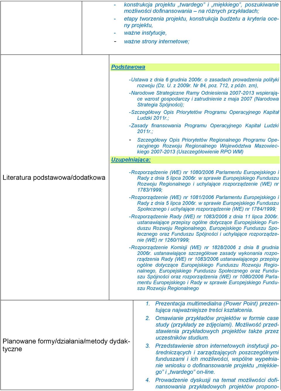 zm), - Narodowe Strategiczne Ramy Odniesienia 2007-2013 wspierające wzrost gospodarczy i zatrudnienie z maja 2007 (Narodowa Strategia Spójności); - Szczegółowy Opis Priorytetów Programu Operacyjnego