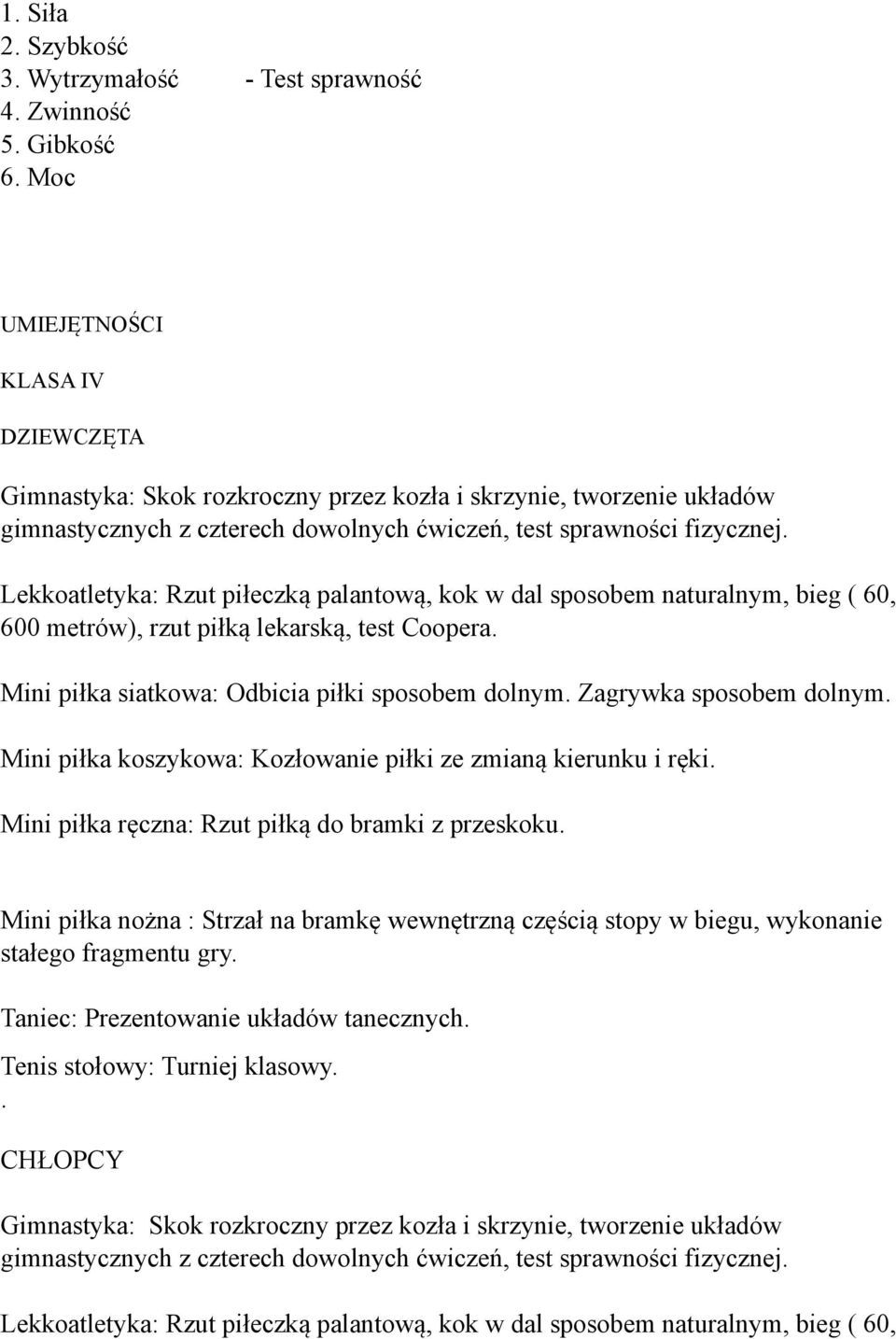 Lekkoatletyka: Rzut piłeczką palantową, kok w dal sposobem naturalnym, bieg ( 60, 600 metrów), rzut piłką lekarską, test Coopera. Mini piłka siatkowa: Odbicia piłki sposobem dolnym.