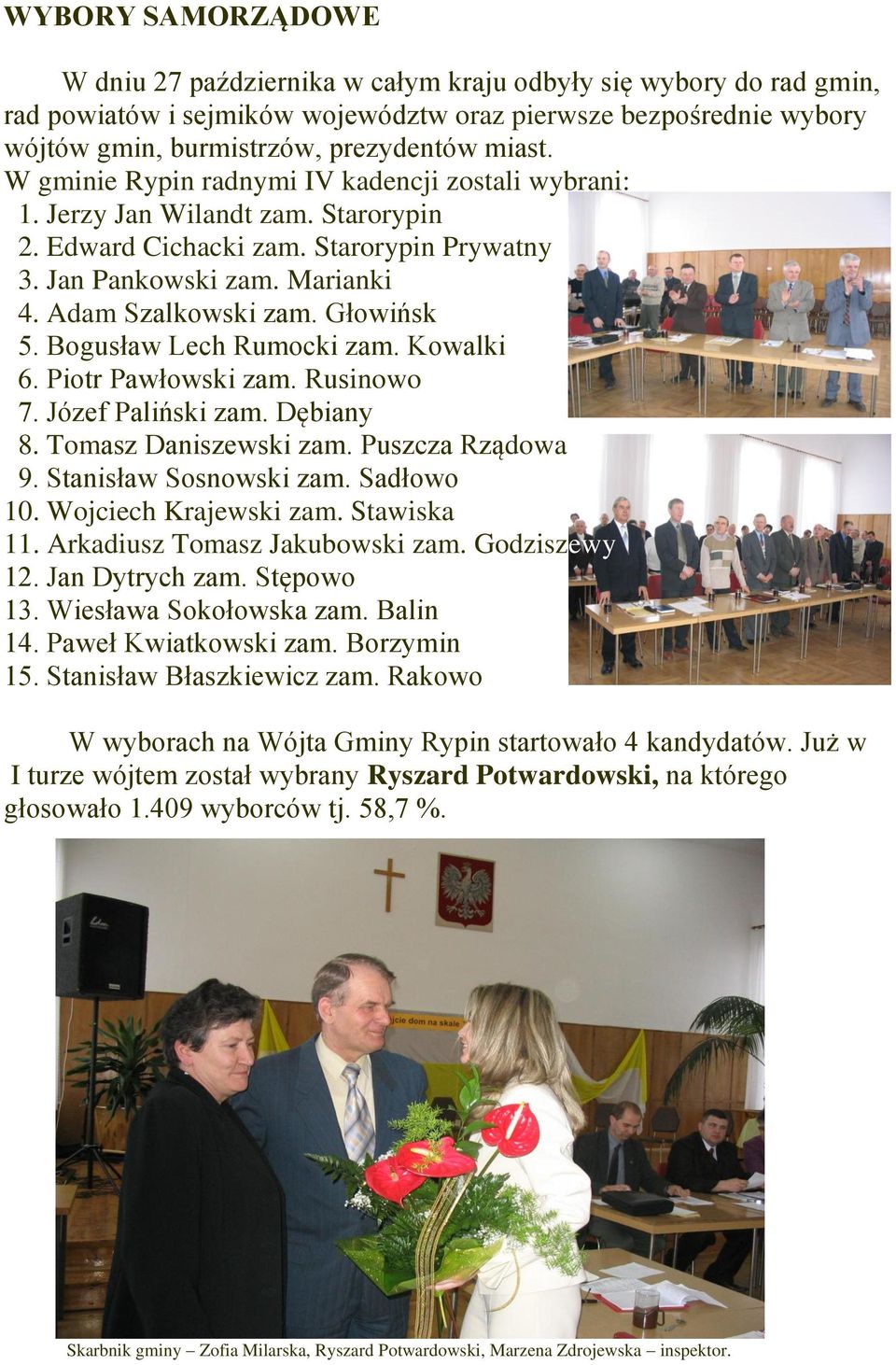 Bogusław Lech Rumocki zam. Kowalki 6. Piotr Pawłowski zam. Rusinowo 7. Józef Paliński zam. Dębiany 8. Tomasz Daniszewski zam. Puszcza Rządowa 9. Stanisław Sosnowski zam. Sadłowo 10.