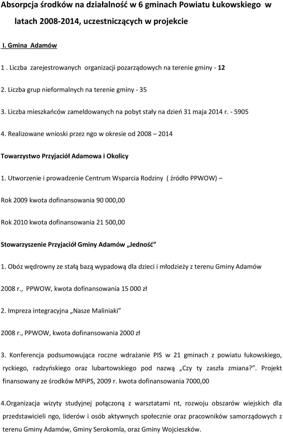 - 5905 4. Realizowane wnioski przez ngo w okresie od 2008 2014 Towarzystwo Przyjaciół Adamowa i Okolicy 1.