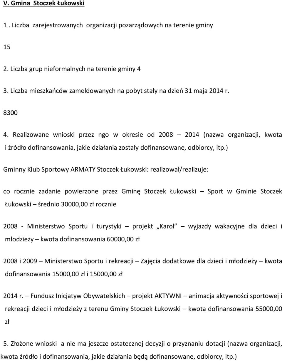Realizowane wnioski przez ngo w okresie od 2008 2014 (nazwa organizacji, kwota i źródło dofinansowania, jakie działania zostały dofinansowane, odbiorcy, itp.
