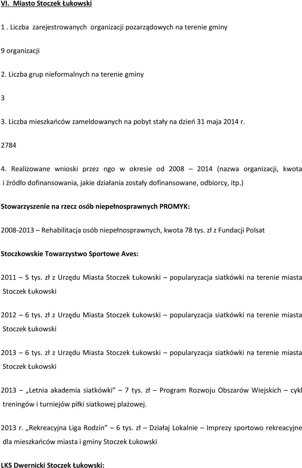 Realizowane wnioski przez ngo w okresie od 2008 2014 (nazwa organizacji, kwota i źródło dofinansowania, jakie działania zostały dofinansowane, odbiorcy, itp.