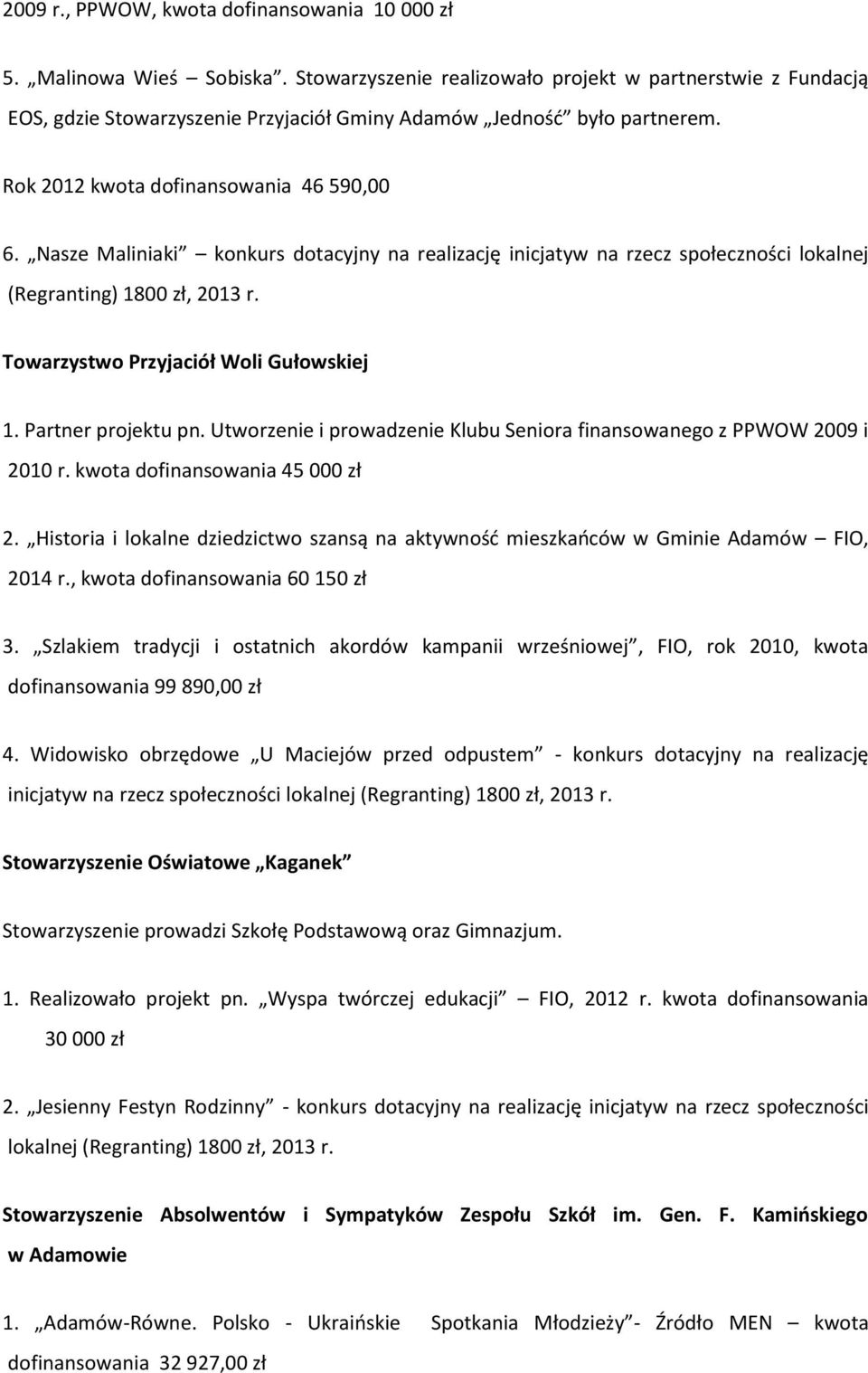 Nasze Maliniaki konkurs dotacyjny na realizację inicjatyw na rzecz społeczności lokalnej (Regranting) 1800 zł, 2013 r. Towarzystwo Przyjaciół Woli Gułowskiej 1. Partner projektu pn.