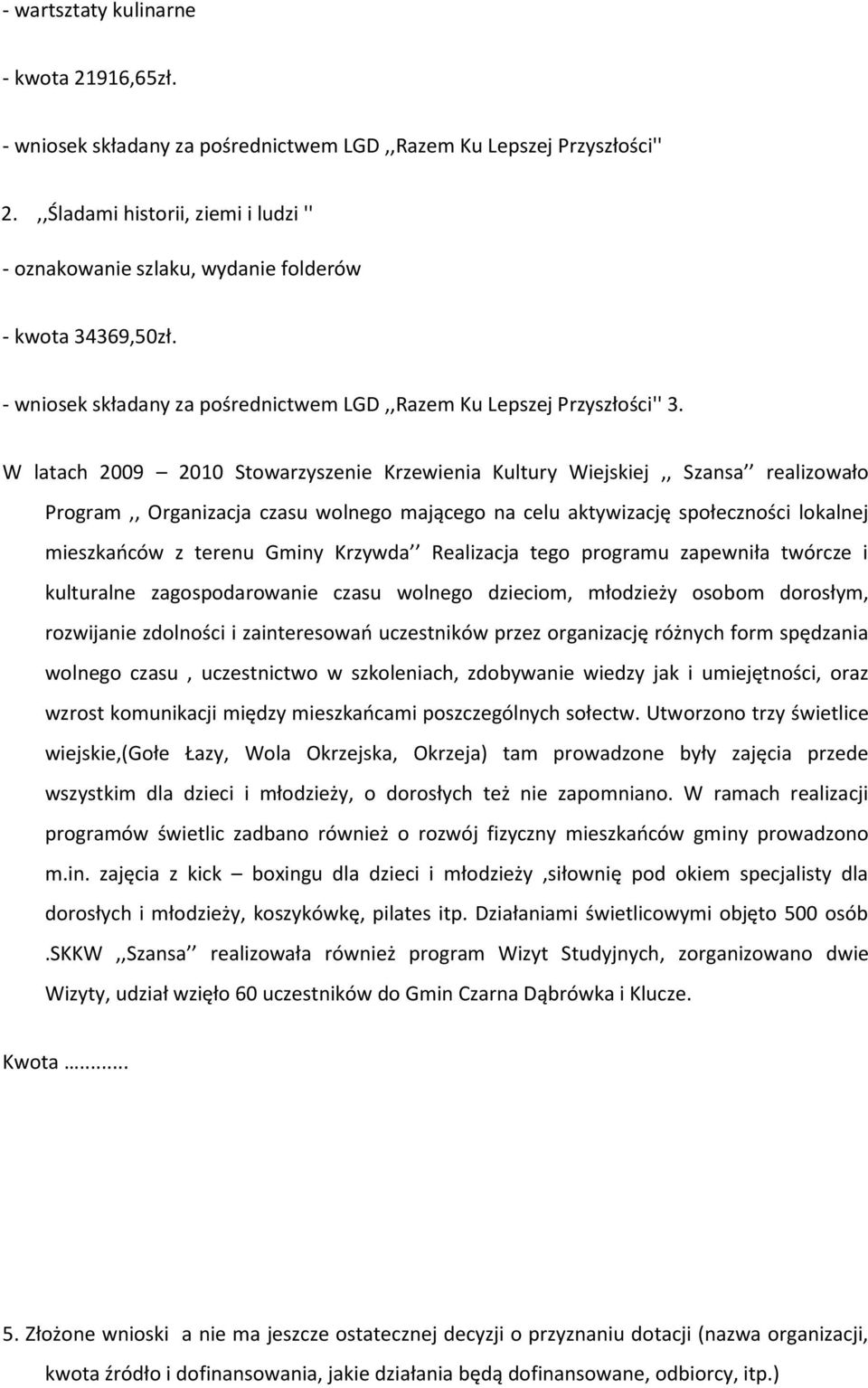 W latach 2009 2010 Stowarzyszenie Krzewienia Kultury Wiejskiej,, Szansa realizowało Program,, Organizacja czasu wolnego mającego na celu aktywizację społeczności lokalnej mieszkańców z terenu Gminy