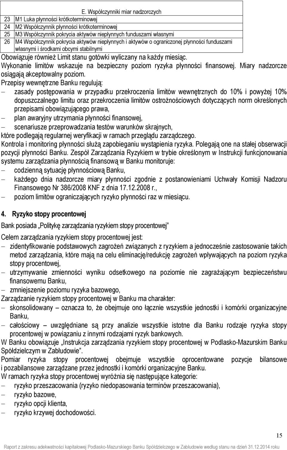 Wykonanie limitów wskazuje na bezpieczny poziom ryzyka płynności finansowej. Miary nadzorcze osiągają akceptowalny poziom.
