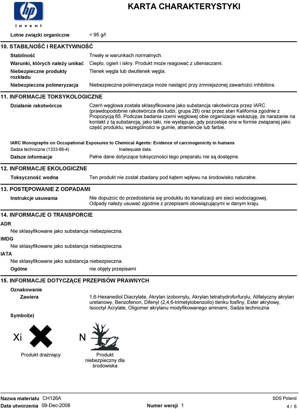 INFORMACJE TOKSYKOLOGICZNE Działanie rakotwórcze Czerń węglowa została sklasyfikowana jako substancja rakotwórcza przez IARC (prawdopodobnie rakotwórcza dla ludzi, grupa 2B) oraz przez stan