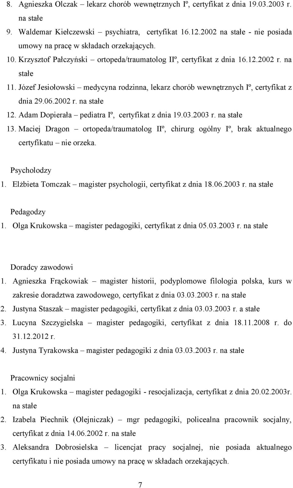 Józef Jesiołowski medycyna rodzinna, lekarz chorób wewnętrznych Iº, certyfikat z dnia 29.06.2002 r. na stałe 12. Adam Dopierała pediatra Iº, certyfikat z dnia 19.03.2003 r. na stałe 13.