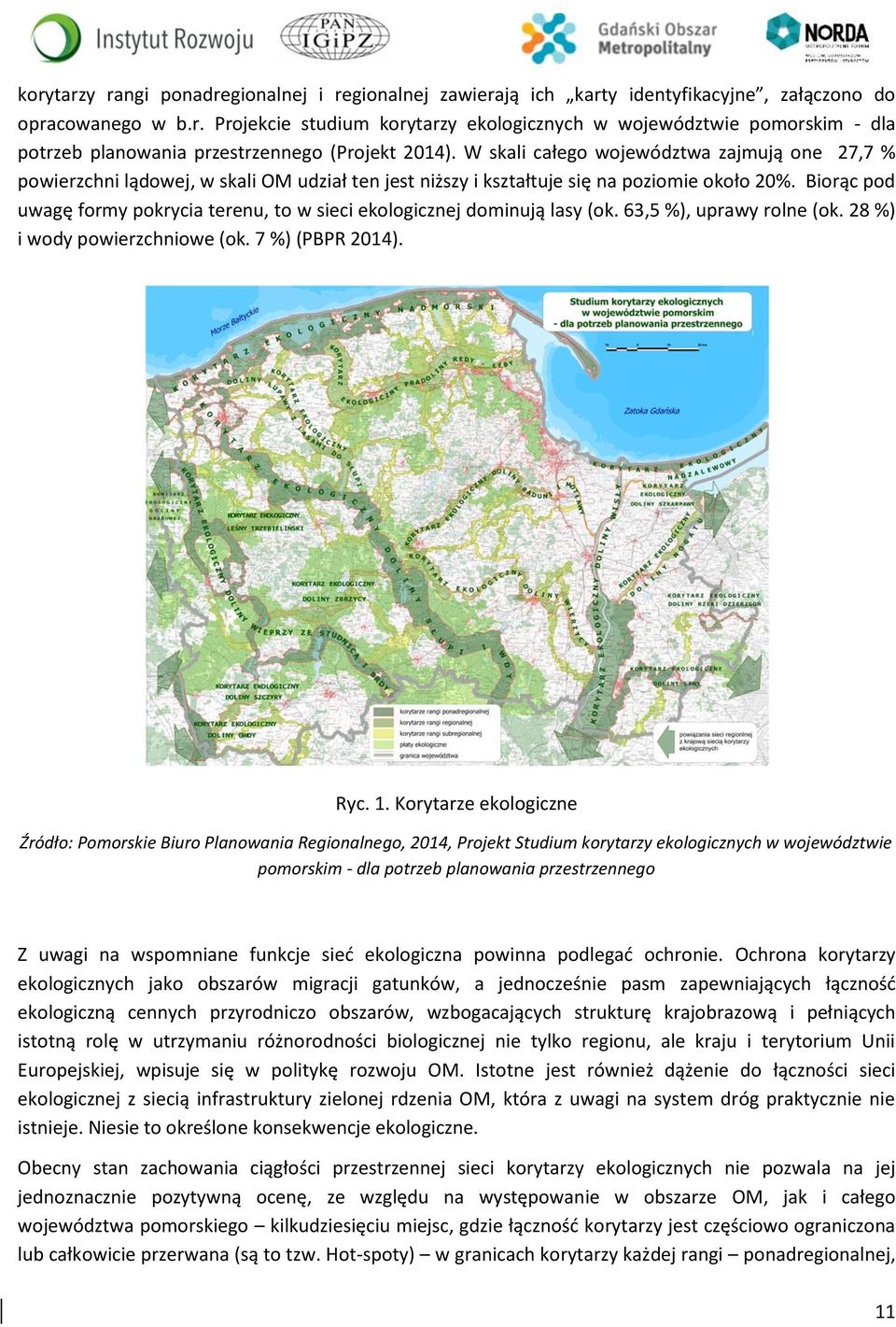 Biorąc pod uwagę formy pokrycia terenu, to w sieci ekologicznej dominują lasy (ok. 63,5 %), uprawy rolne (ok. 28 %) i wody powierzchniowe (ok. 7 %) (PBPR 2014). Ryc. 1.