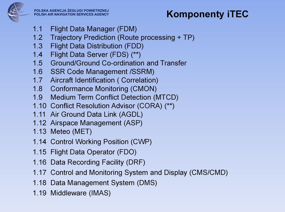 9 Medium Term Conflict Detection (MTCD) 1.10 Conflict Resolution Advisor (CORA) (**) 1.11 Air Ground Data Link (AGDL) 1.12 Airspace Management (ASP) 1.13 Meteo (MET) 1.