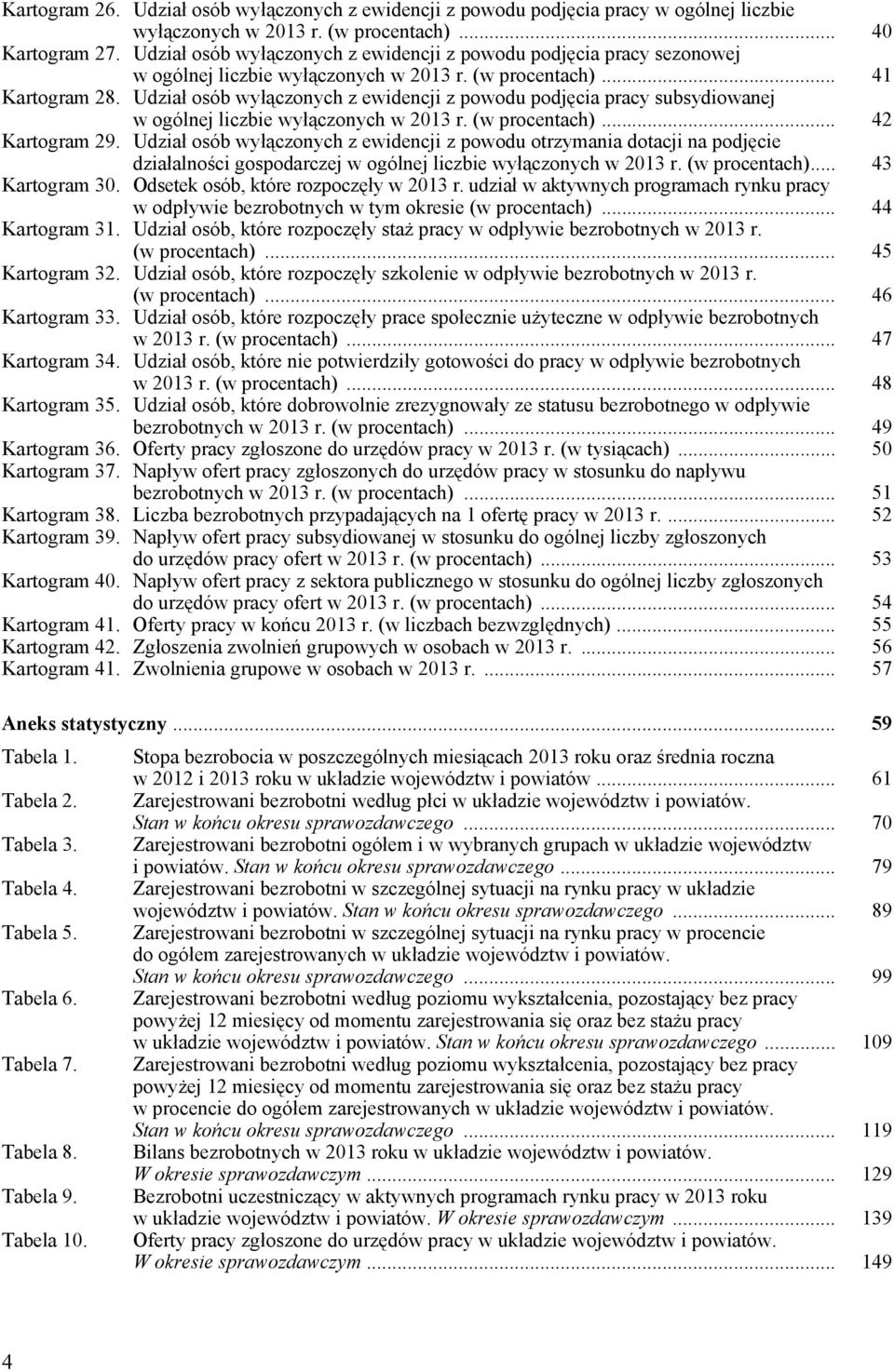 Udział osób wyłączonych z ewidencji z powodu podjęcia pracy subsydiowanej w ogólnej liczbie wyłączonych w 2013 r. (w procentach)... 42 Kartogram 29.