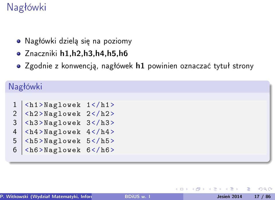 3 <h3 > Naglowek 3 </ h3 > 4 <h4 > Naglowek 4 </ h4 > 5 <h5 > Naglowek 5 </ h5 > 6 <h6 >