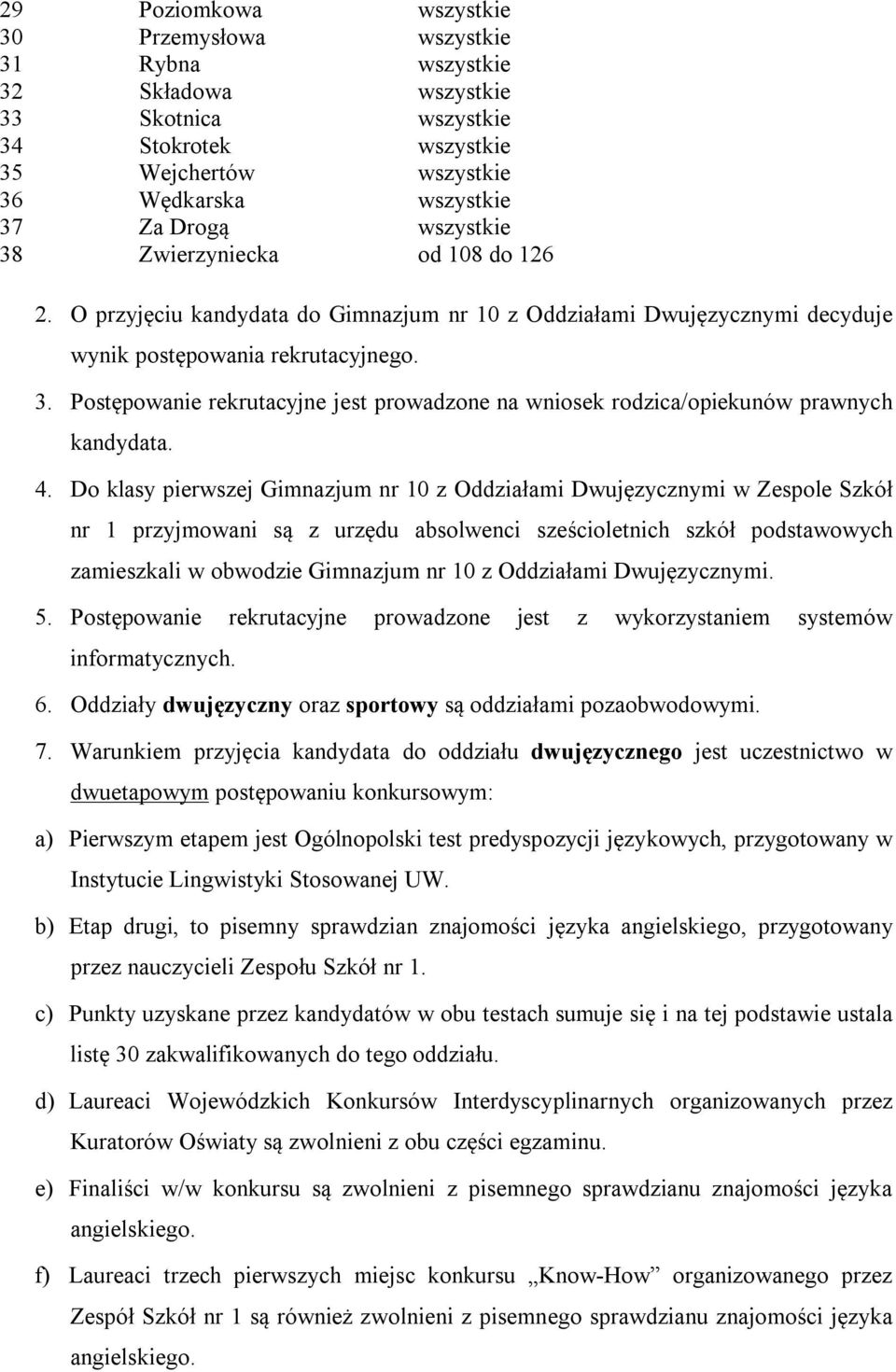 4. Do klasy pierwszej Gimnazjum nr 10 z Oddziałami Dwujęzycznymi w Zespole Szkół nr 1 przyjmowani są z urzędu absolwenci sześcioletnich szkół podstawowych zamieszkali w obwodzie Gimnazjum nr 10 z