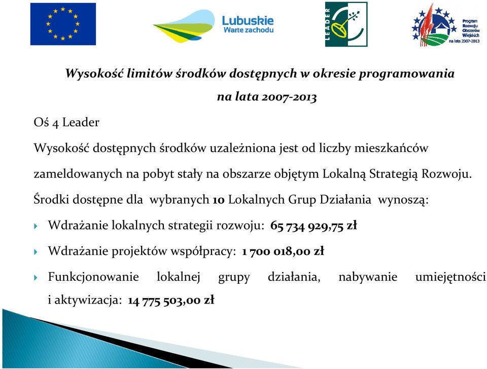 Środki dostępne dla wybranych 10 Lokalnych Grup Działania wynoszą: Wdrażanie lokalnych strategii rozwoju: 65734 929,75 zł