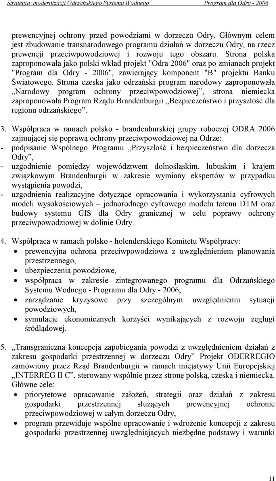 Strona polska zaproponowała jako polski wkład projekt "Odra 2006" oraz po zmianach projekt "Program dla Odry - 2006", zawierający komponent "B" projektu Banku Światowego.