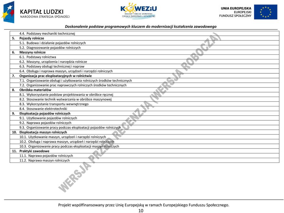 Organizowanie obsługi i użytkowania rolniczych środków technicznych 7.2. Organizowanie prac naprawczych rolniczych środków technicznych 8. Obróbka materiałów 8.1.