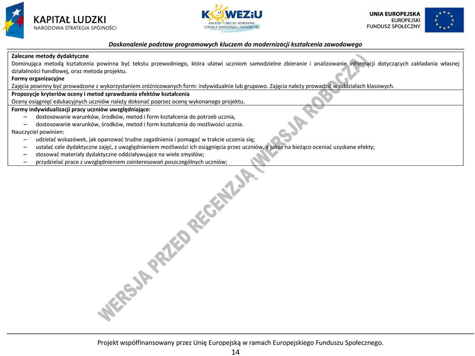 Zajęcia należy prowadzić w oddziałach klasowych.