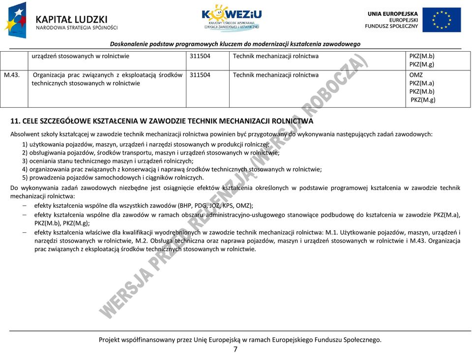 ELE SZZEGÓŁOWE KSZTAŁENIA W ZAWODZIE TEHNIK MEHANIZAJI ROLNITWA Absolwent szkoły kształcącej w zawodzie technik mechanizacji rolnictwa powinien być przygotowany do wykonywania następujących zadań