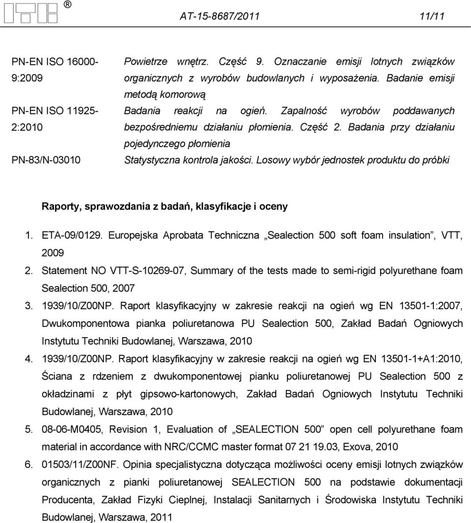 Badania przy działaniu pojedynczego płomienia Statystyczna kontrola jakości. Losowy wybór jednostek produktu do próbki Raporty, sprawozdania z badań, klasyfikacje i oceny 1. ETA-09/0129.