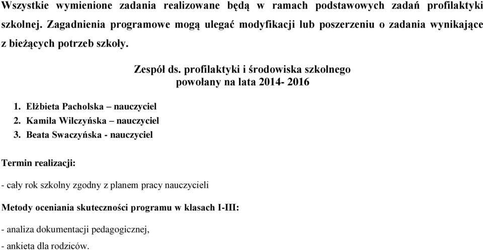 Elżbieta Pacholska nauczyciel 2. Kamila Wilczyńska nauczyciel 3. Beata Swaczyńska - nauczyciel Zespół ds.