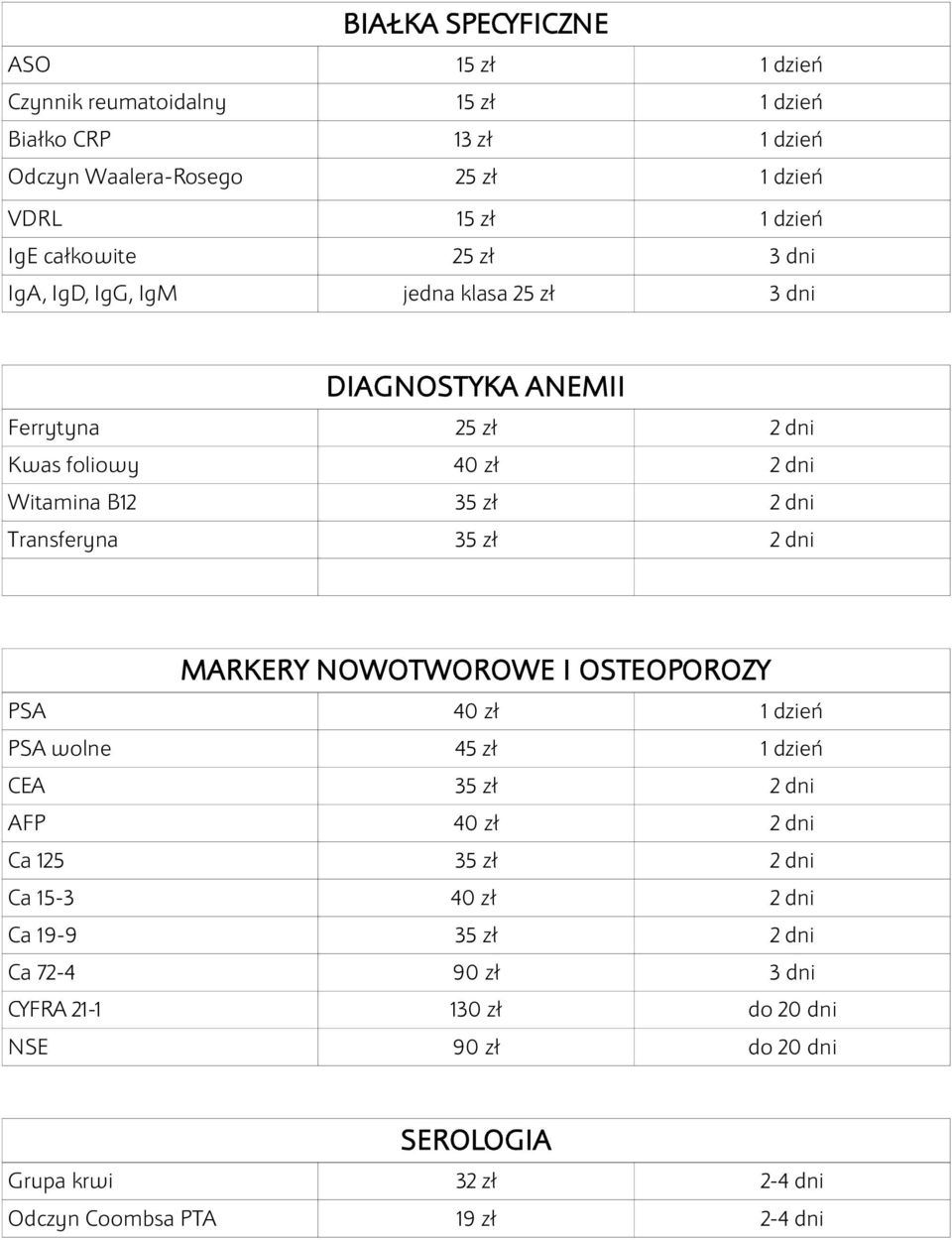 Transferyna 35 zł 2 dni MARKERY NOWOTWOROWE I OSTEOPOROZY PSA 40 zł 1 dzień PSA wolne 45 zł 1 dzień CEA 35 zł 2 dni AFP 40 zł 2 dni Ca 125 35 zł 2 dni Ca 15-3