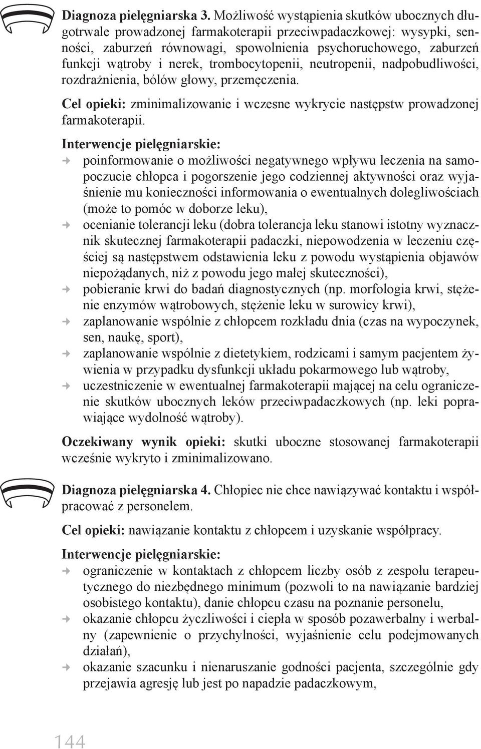 nerek, trombocytopenii, neutropenii, nadpobudliwości, rozdrażnienia, bólów głowy, przemęczenia. Cel opieki: zminimalizowanie i wczesne wykrycie następstw prowadzonej farmakoterapii.