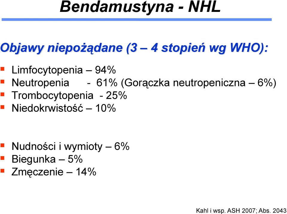 6%) Trombocytopenia - 25% Niedokrwistość 10% Nudności i